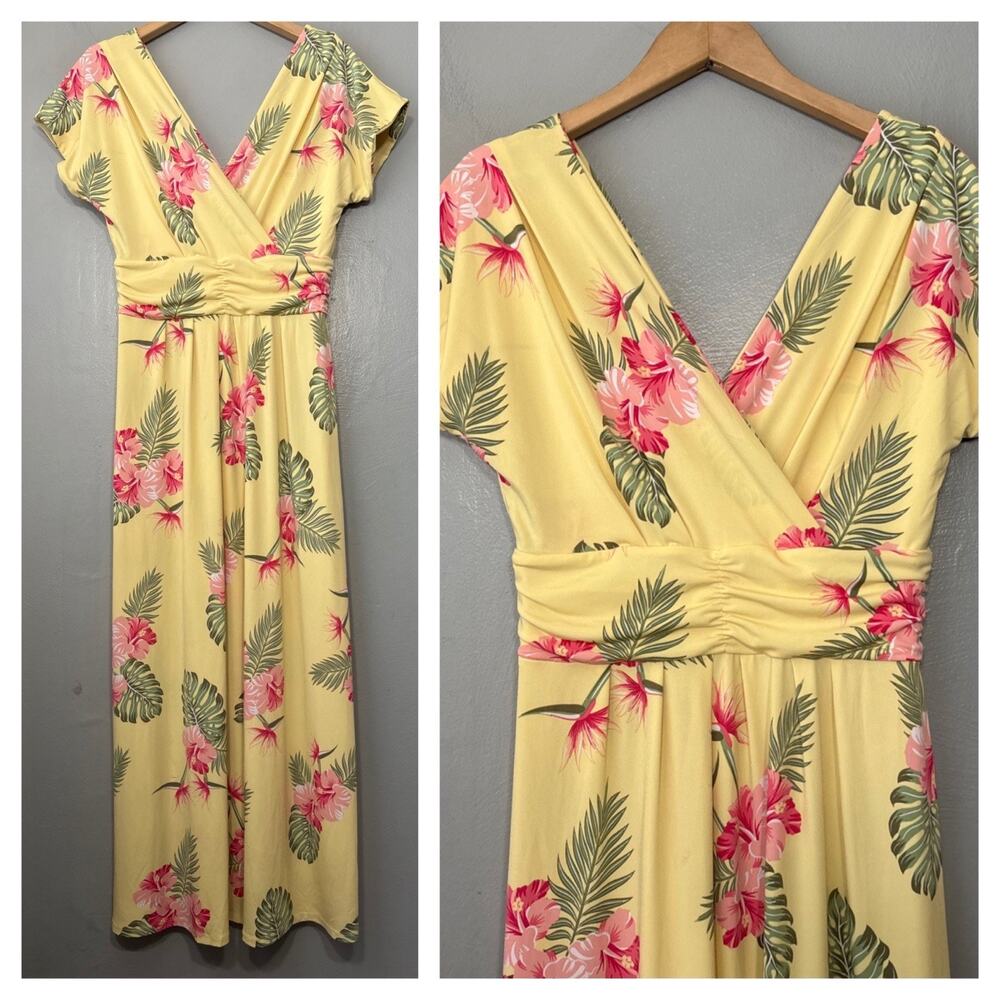 IMAN Maxi Dress Size Medium Petite Yellow Tropical Floral Summer Vacation Resort